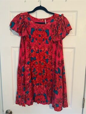 Free People Red Floral Midi Dress with Teal Accents